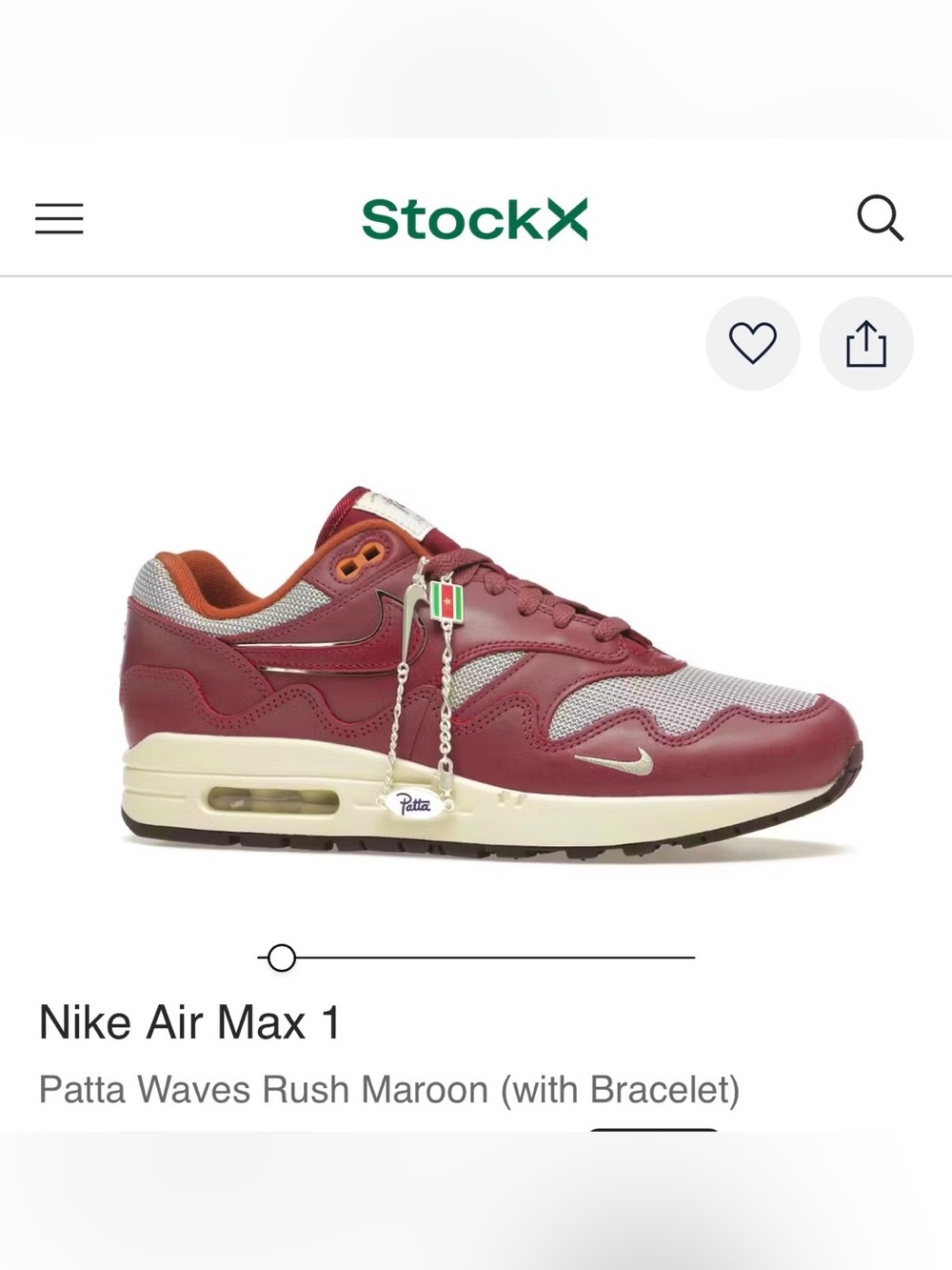 Nike Air Max 1 PATTA Maroon Rush US 10 w/bracelet